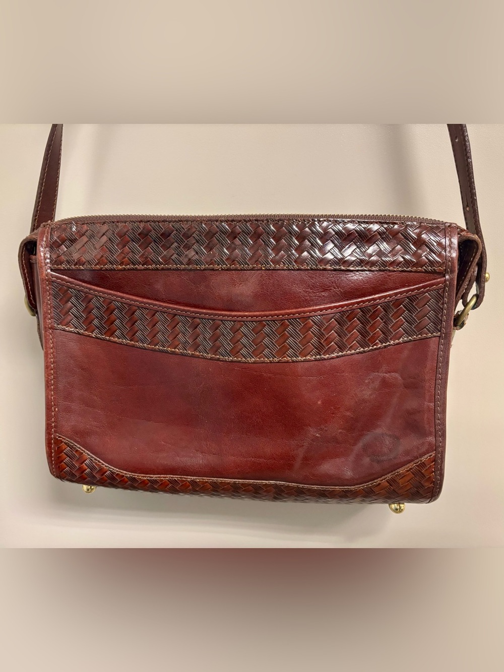 Vintage Brahmin Crossbody Bag featuring rich brown leather with woven details - Picture 12 of 14